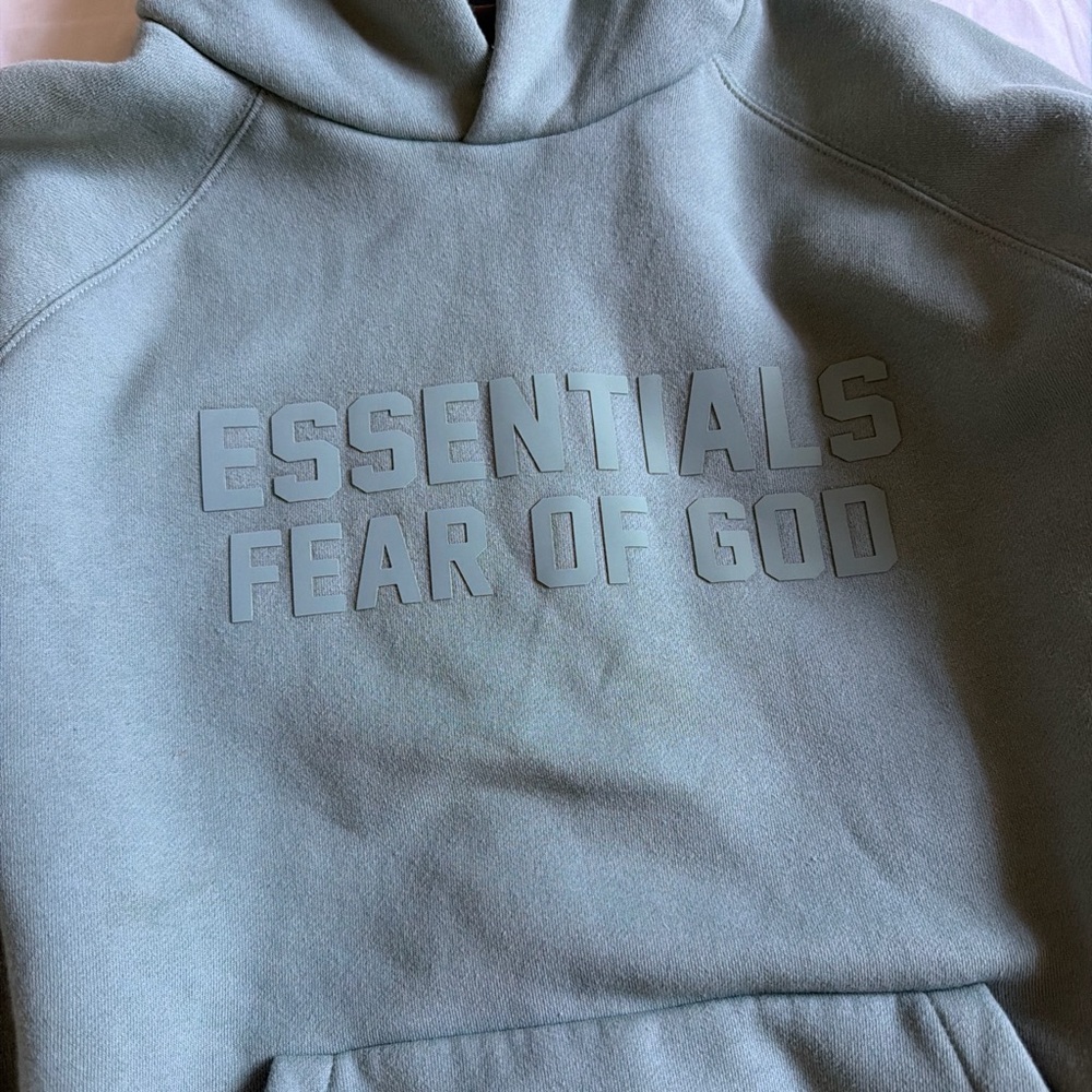 Essentials Sage Green Hoodie with Rubber Logo Patch - Picture 3 of 3